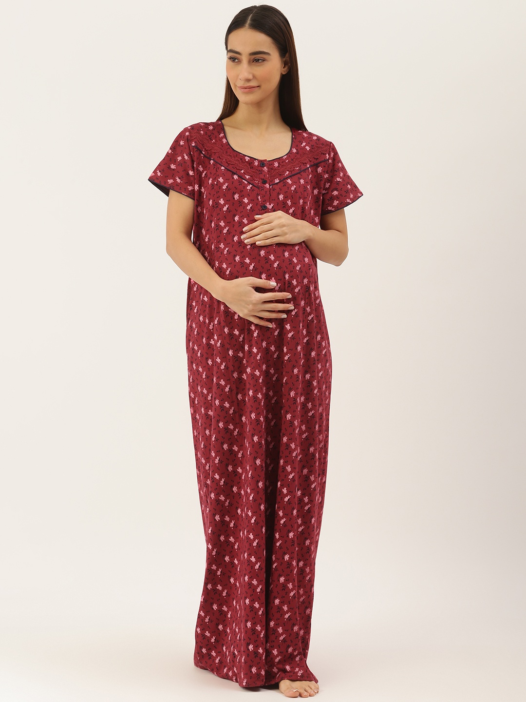 

Sweet Dreams Women Red & Black Printed Maternity Maxi Nightdress with Feeding Zip