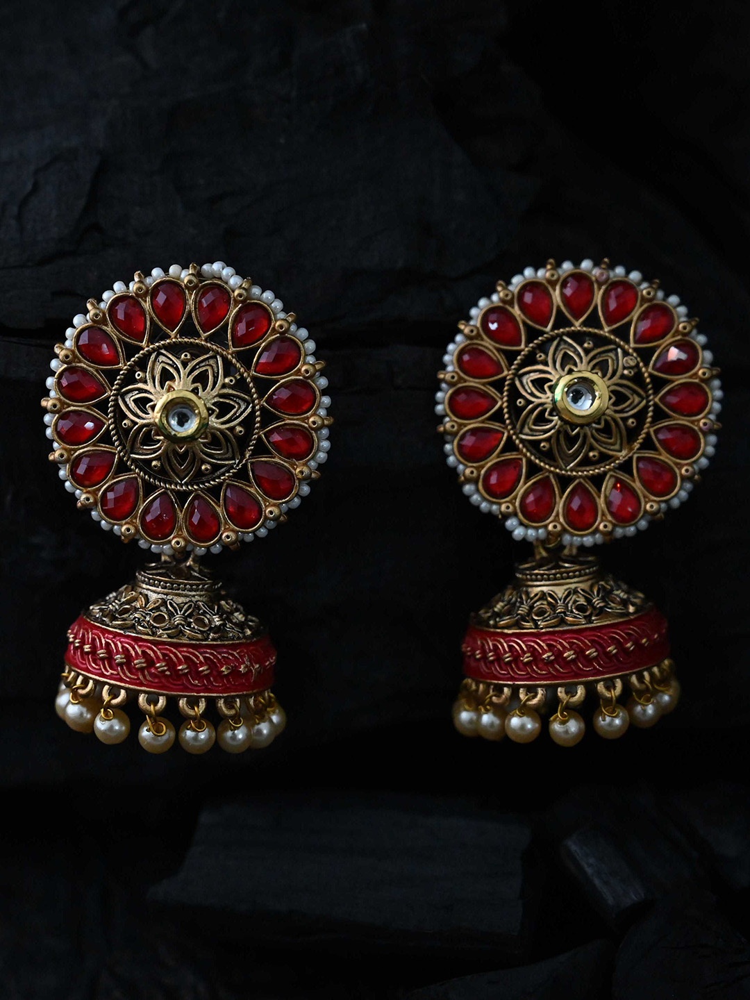 

justpeachy Gold-Toned & Red Classic Jhumkas Earrings