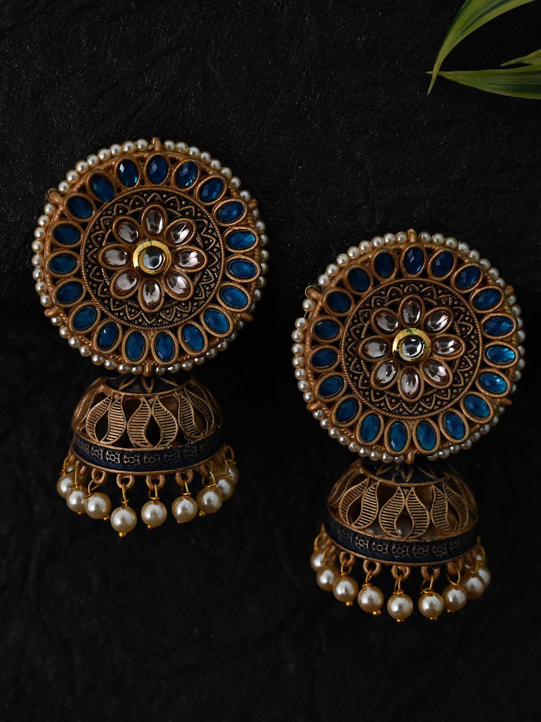 

justpeachy Blue & Gold-Toned Classic Jhumkas Earrings