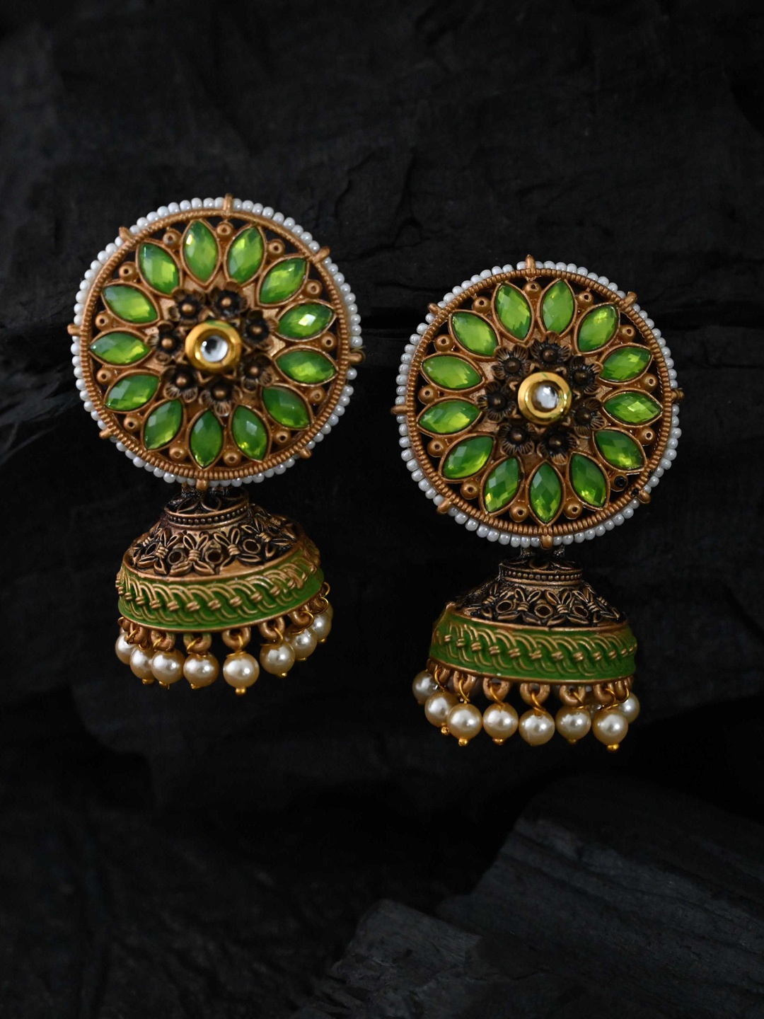 

justpeachy Green & Gold-Plated Studded Classic Jhumkas Earrings