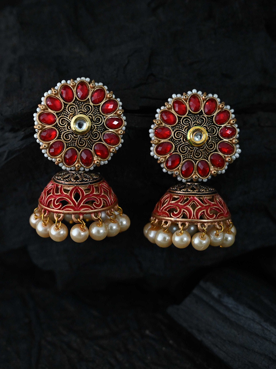 

justpeachy Red & Gold-Toned Dome Shaped Jhumkas Earrings