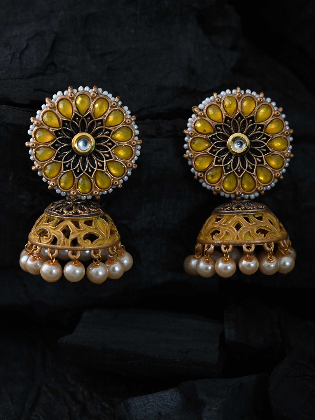 

justpeachy Gold-Toned & Yellow Classic Jhumkas Earrings