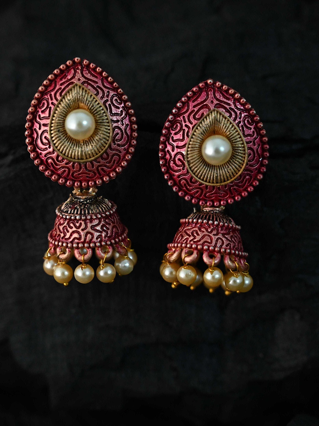 

justpeachy Pink Pearls Beaded Classic Jhumkas Earrings