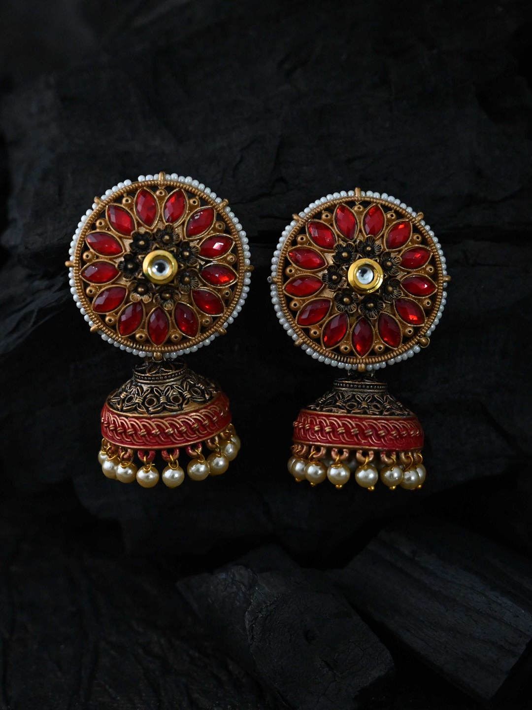 

justpeachy Red & Gold-Toned Classic Jhumkas Earrings