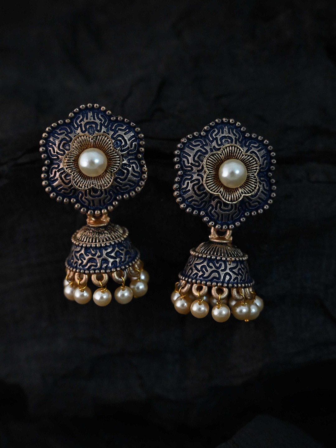 

justpeachy Blue & White Dome Shaped Meenkari Jhumkas Earrings