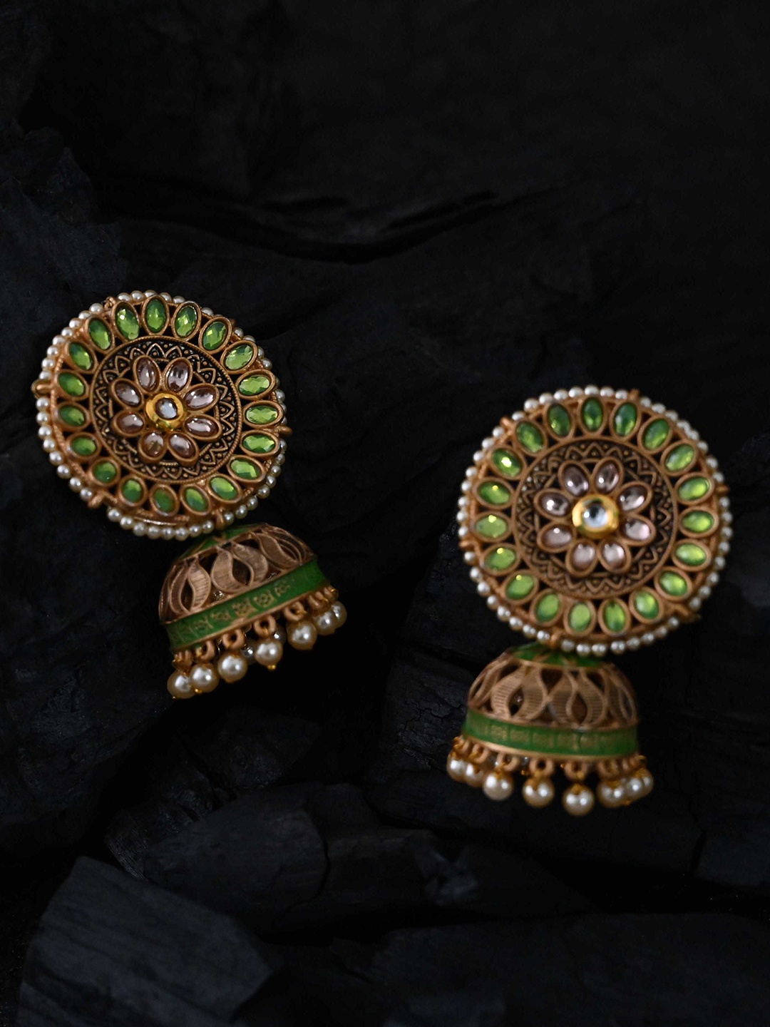

justpeachy Green & Gold-Toned Dome Shaped Jhumkas Earrings