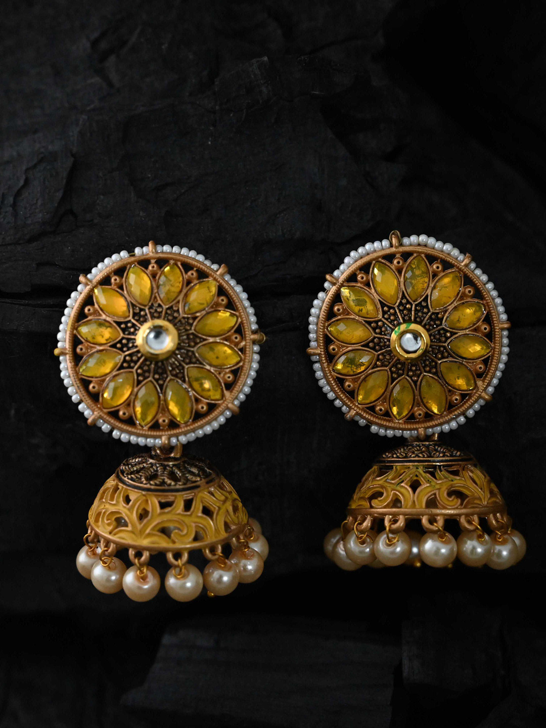 

justpeachy Yellow Gold-Plated Studded Classic Jhumkas Earrings