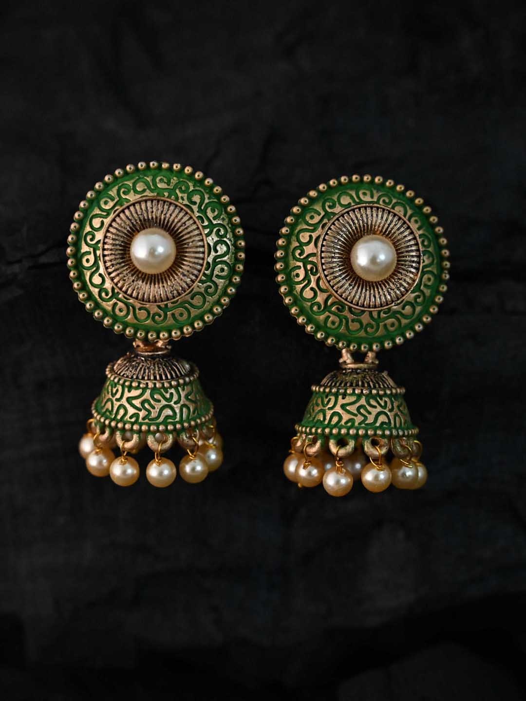 

justpeachy Green Meenkari Classic Jhumkas Earrings