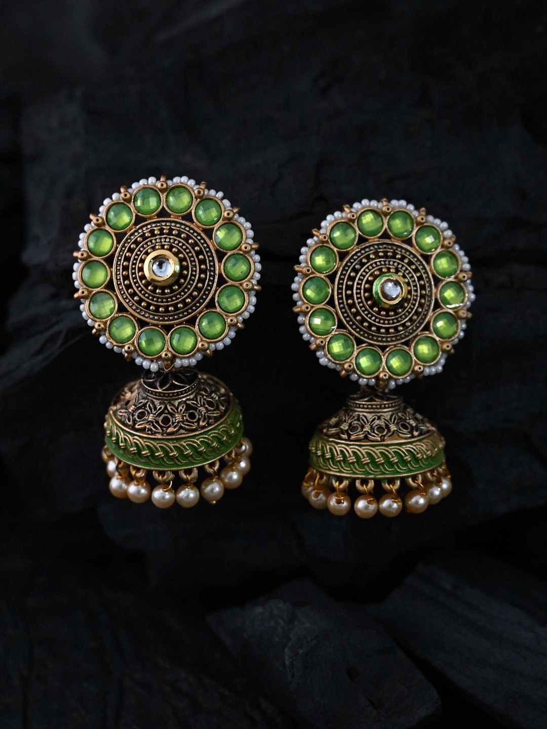 

justpeachy Green & Copper-Toned Classic Jhumkas Earrings