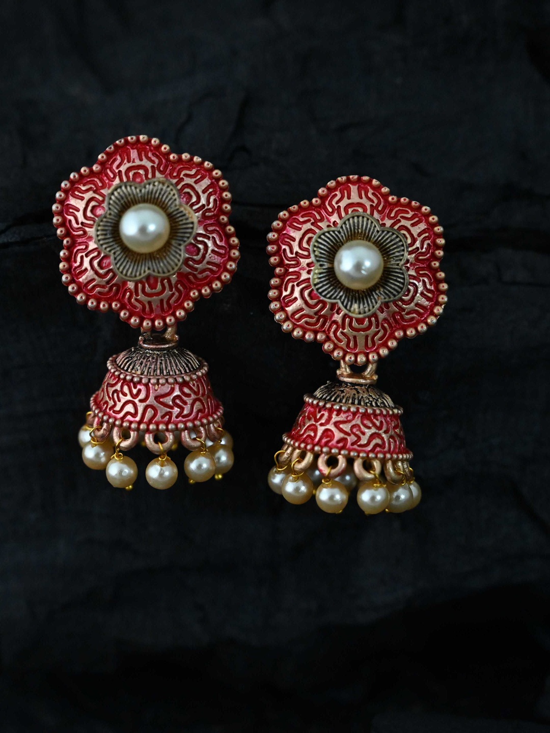 

justpeachy Red Gold-Plated Meenkari Pearls Classic Jhumkas Earrings