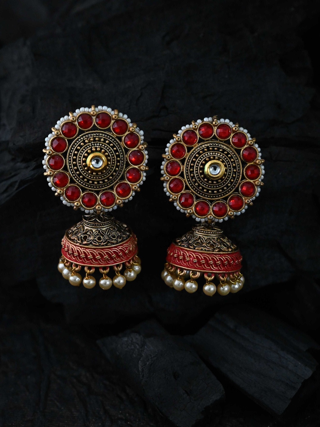 

justpeachy Gold-Plated Red & White Dome Shaped Jhumkas