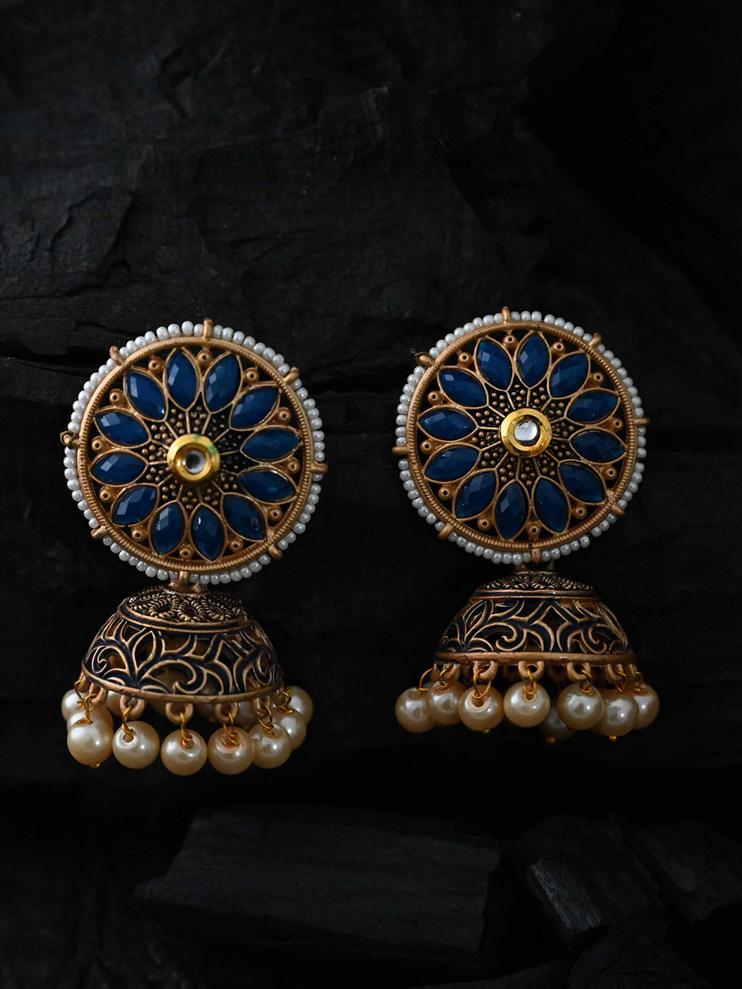 

justpeachy Blue & Copper-Toned Classic Jhumkas Earrings