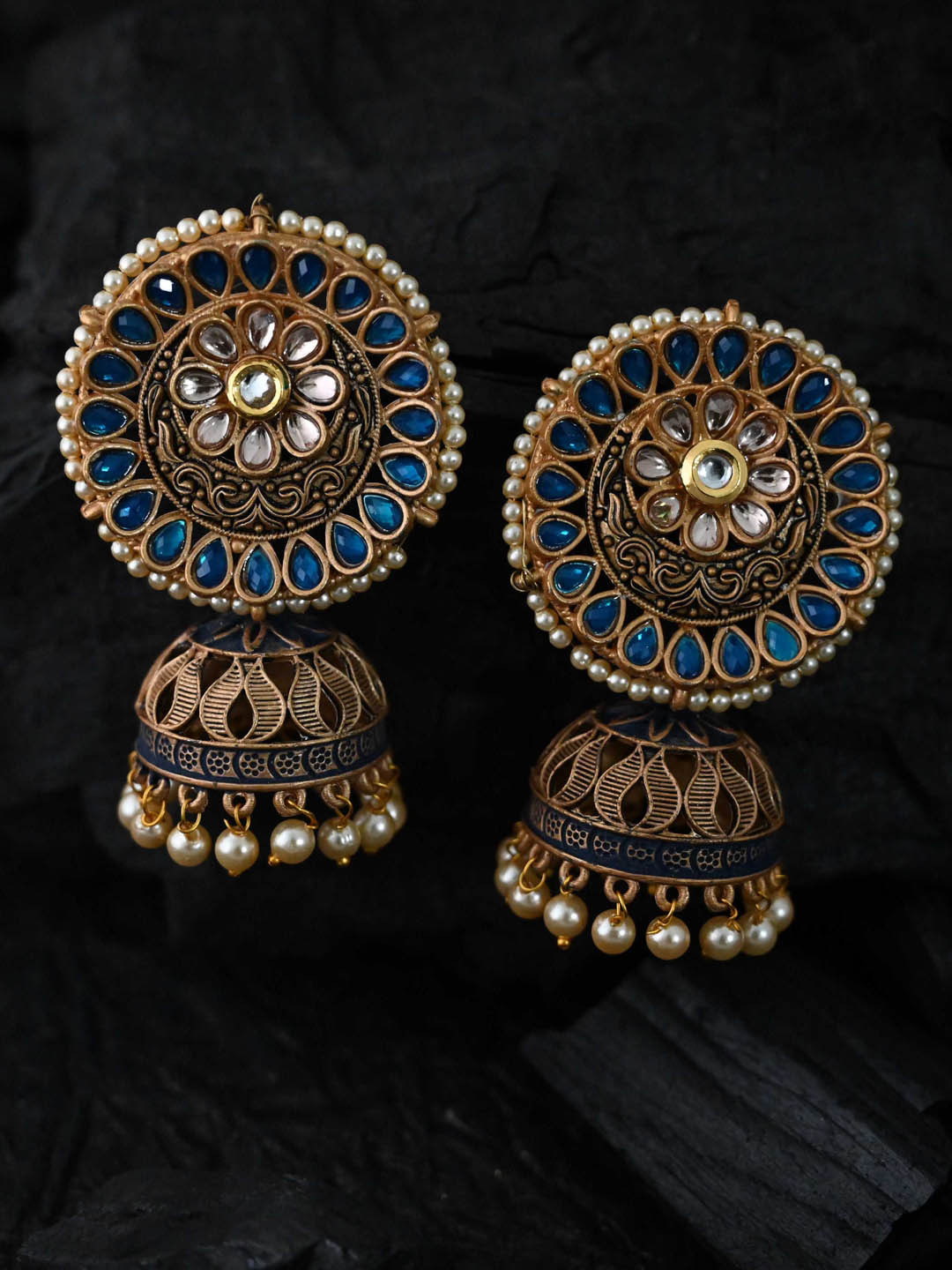 

justpeachy Blue & Gold-Toned Dome Shaped Jhumkas Earrings