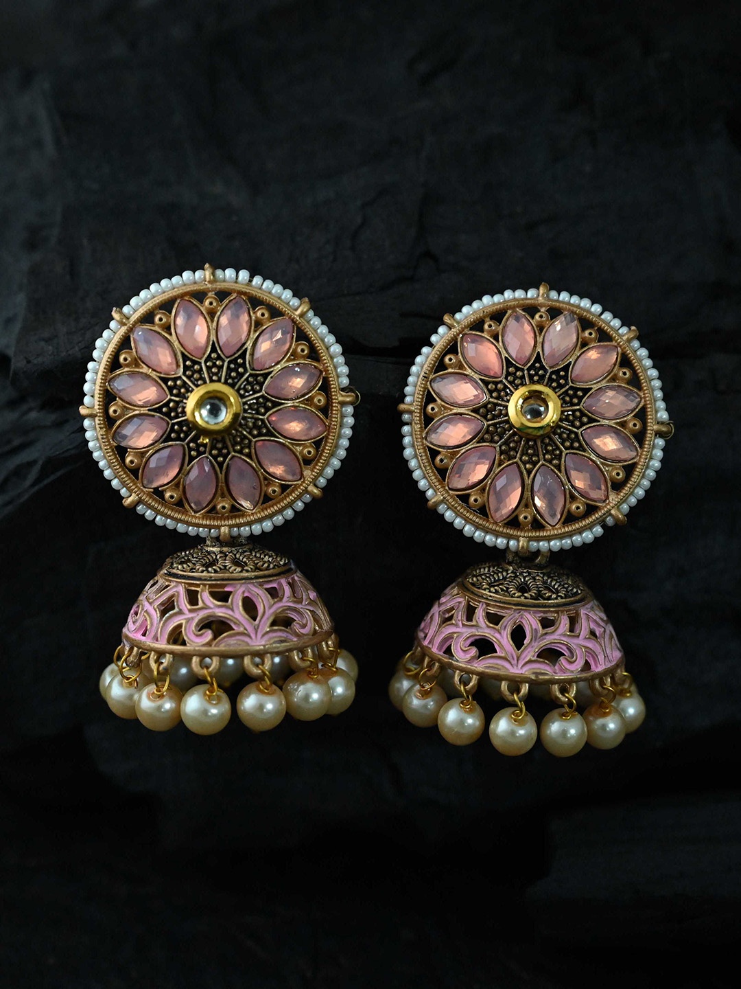 

justpeachy Pink & Gold-Toned Classic Jhumkas Earrings