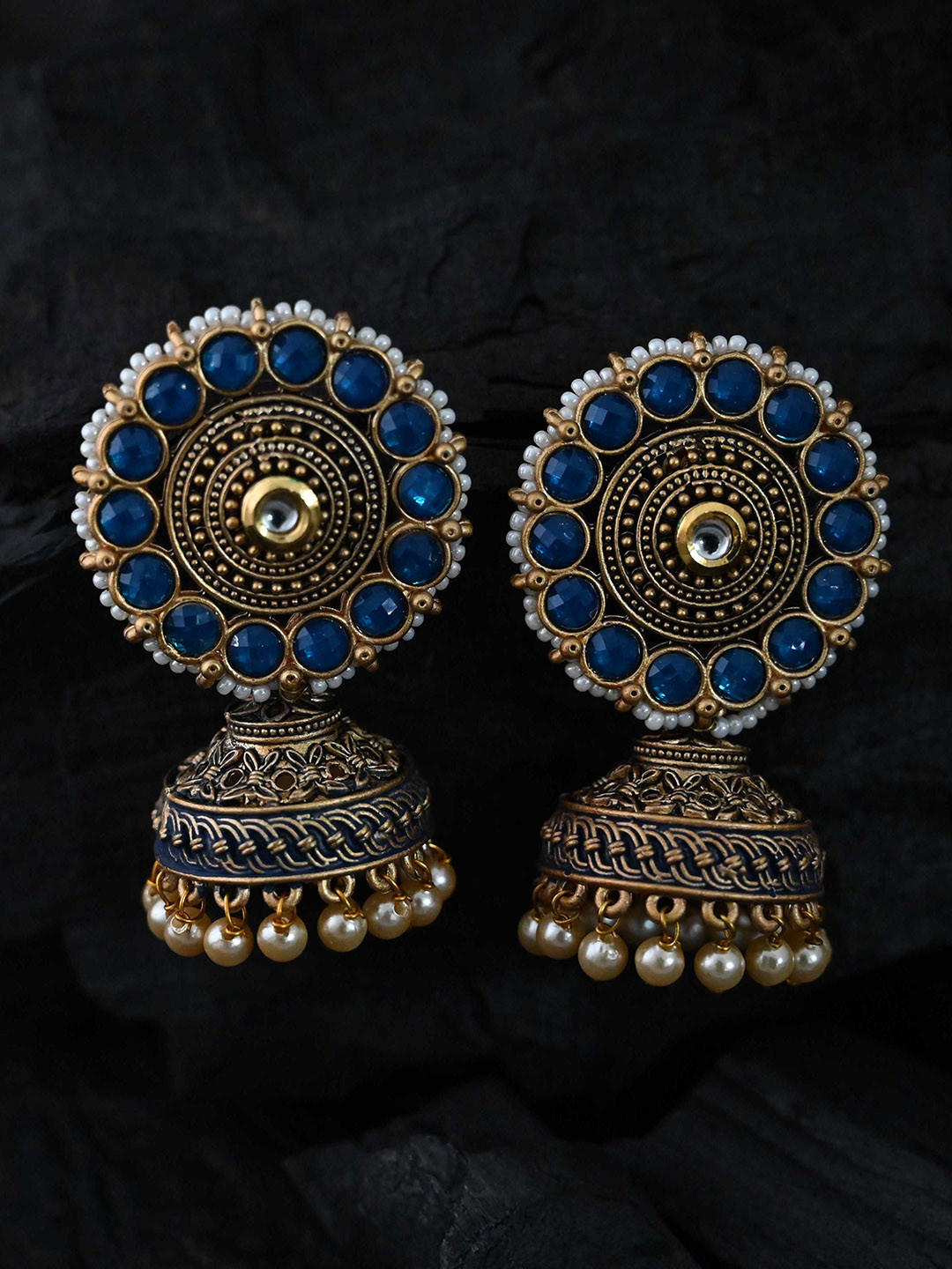 

justpeachy Blue & Gold-Toned Classic Jhumkas Earrings