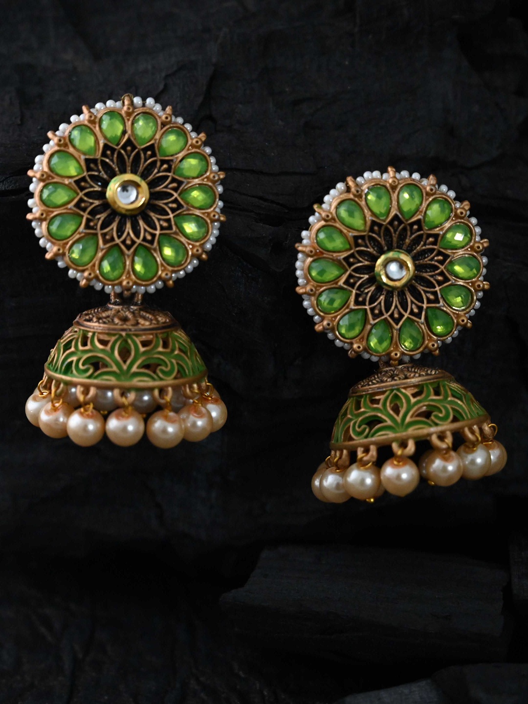 

justpeachy Green Stone Studded Classic Jhumkas Earrings