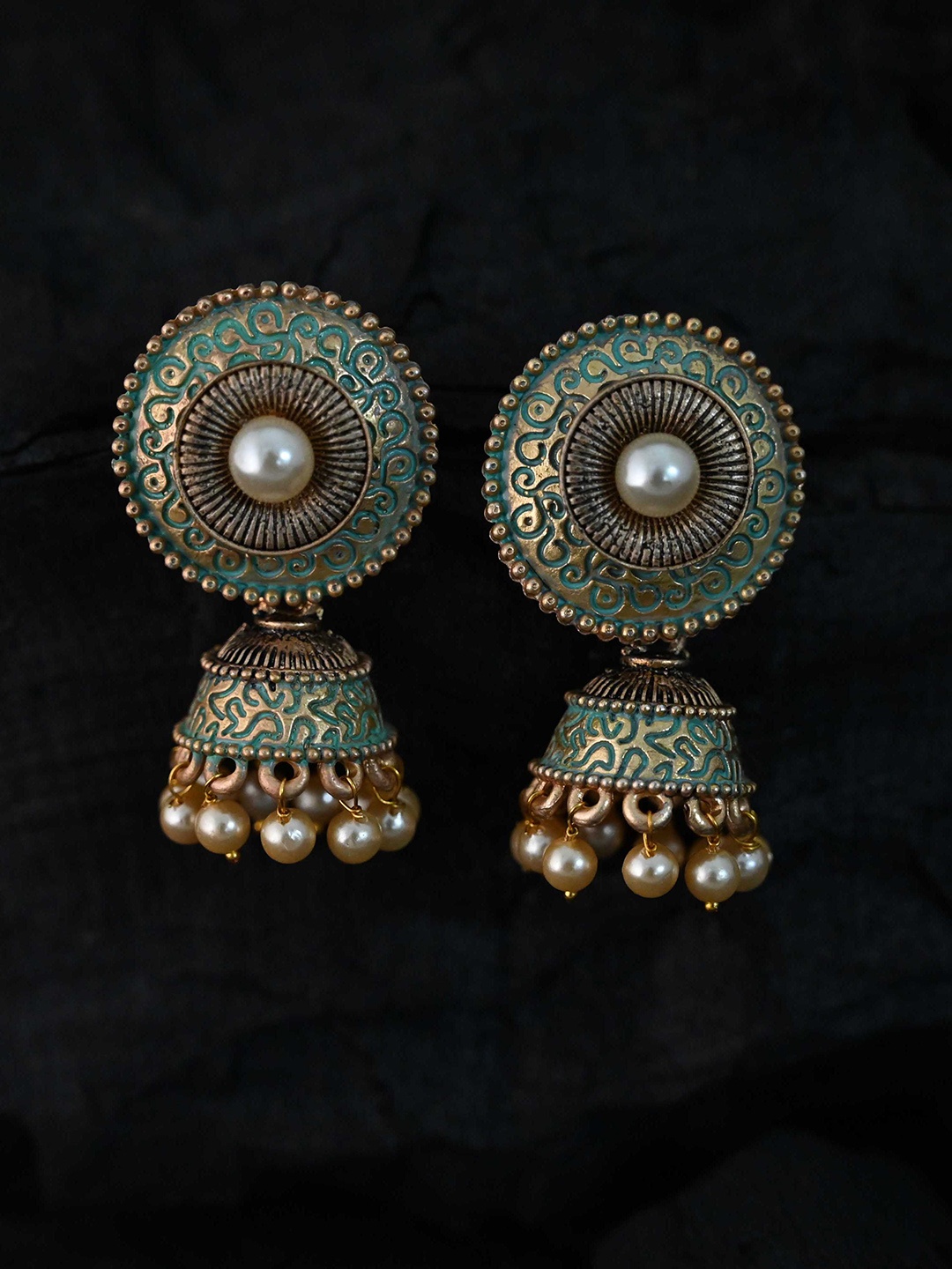 

justpeachy Green & Gold-Toned Classic Meenkari Jhumkas Earrings
