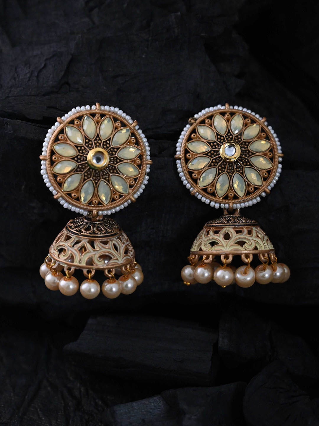 

justpeachy Gold-Toned & White Classic Jhumkas Earrings