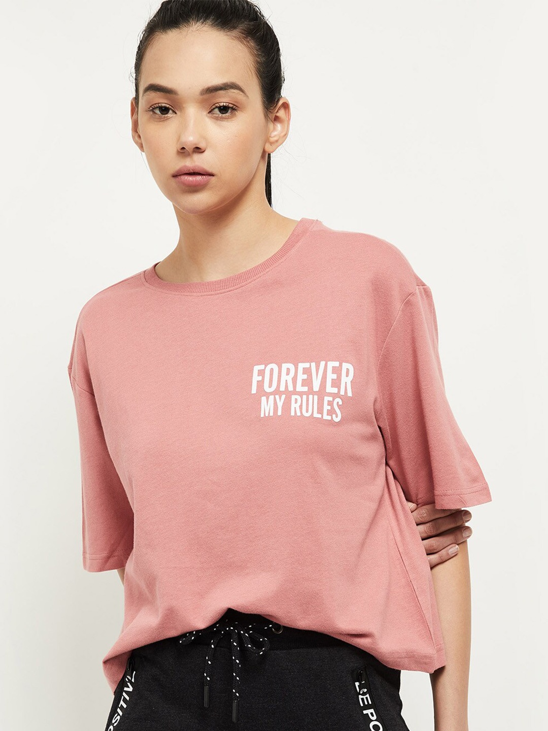

max Women Peach-Coloured Typography Printed T-shirt