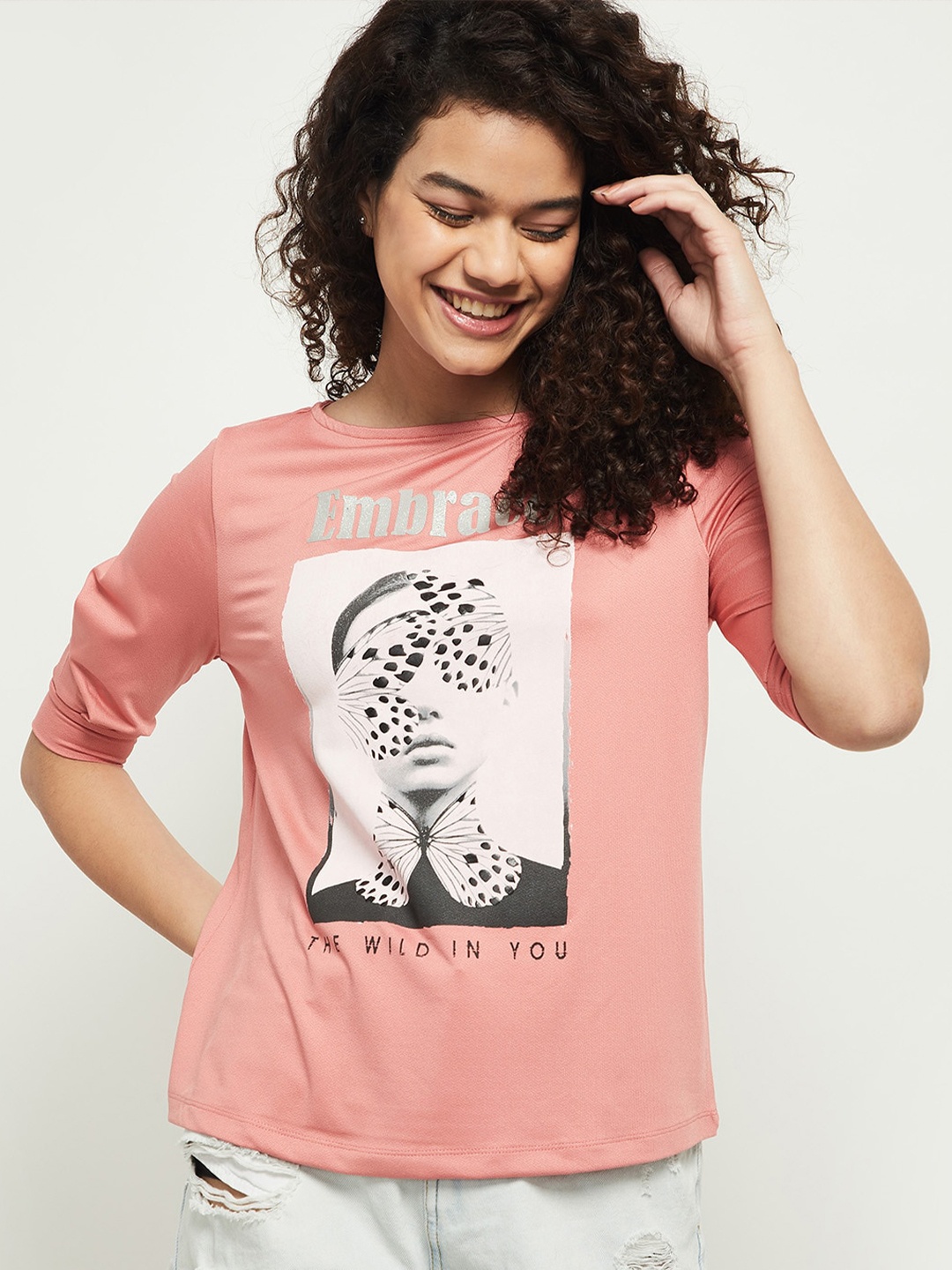 

max Women Pink Printed T-shirt