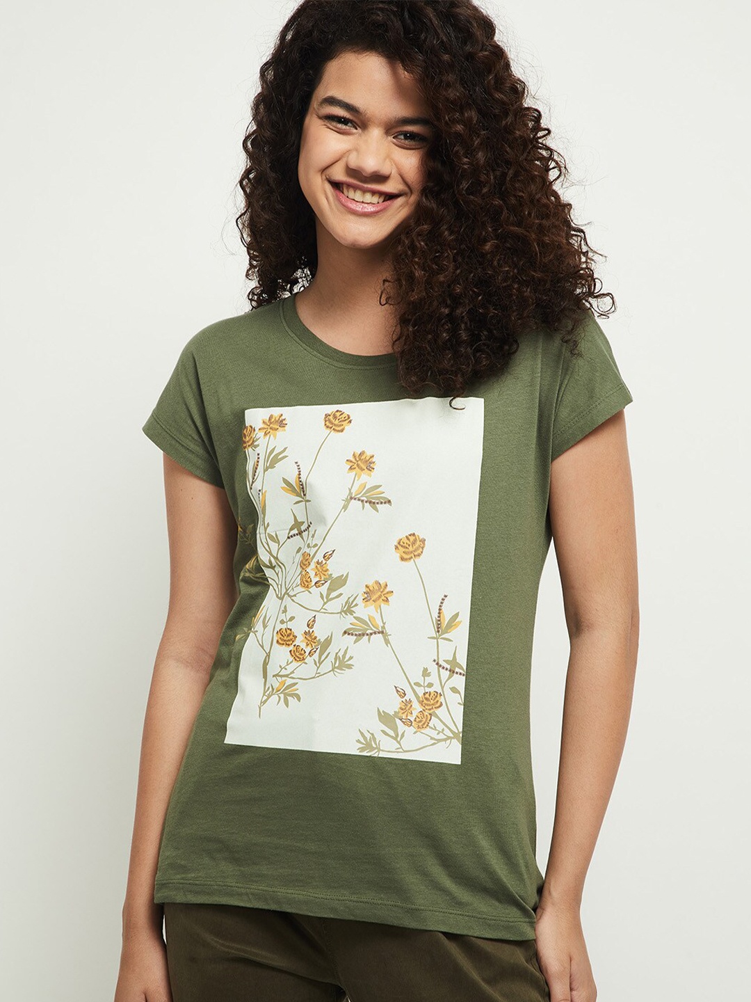 

max Women Olive Green & Yellow Floral Printed Extended Sleeves T-shirt
