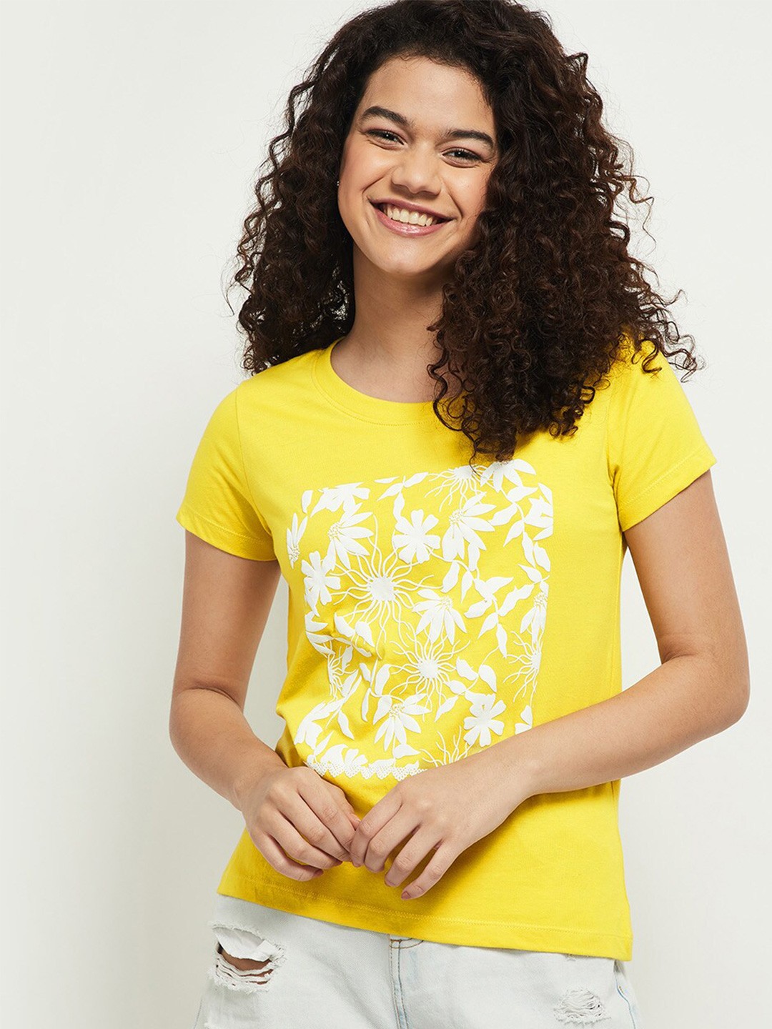 

max Women Yellow Floral Printed T-shirt