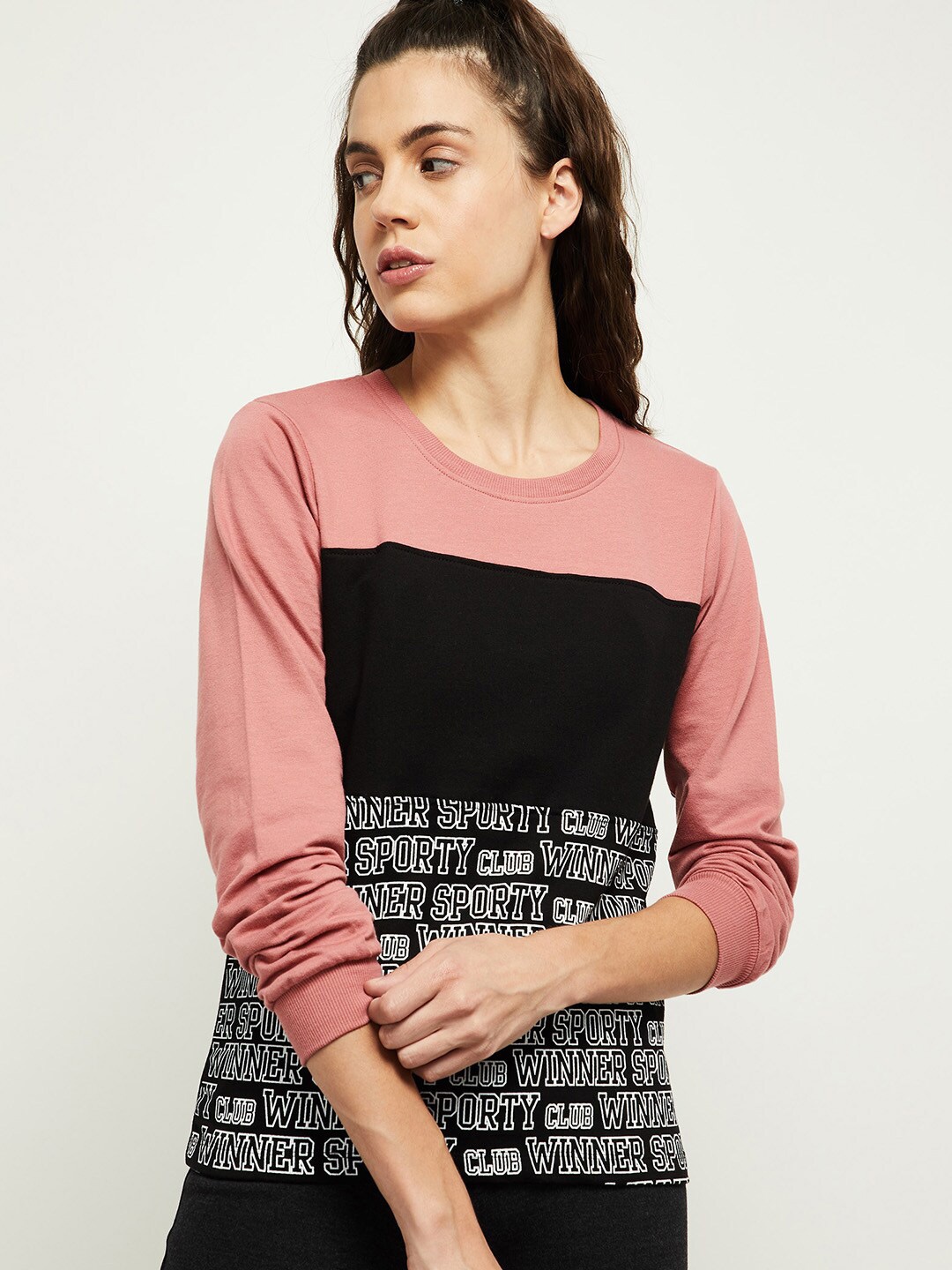 

max Women Peach-Coloured & Black Colourblocked Pure Cotton T-shirt