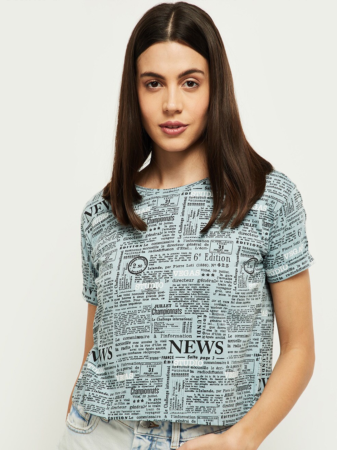 

max Women Blue & Black Typography Printed Pure Cotton T-shirt