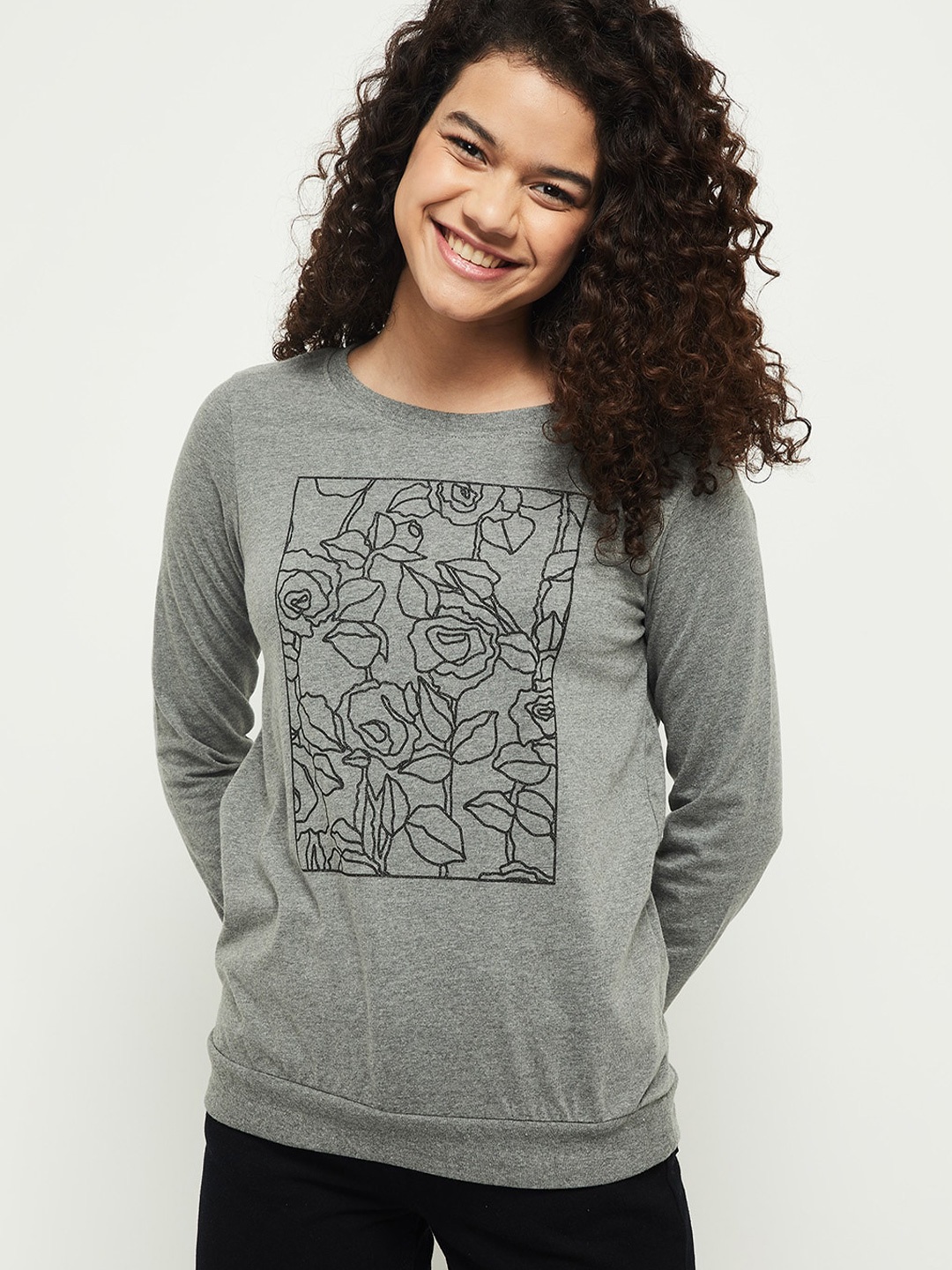 

max Women Grey Printed Raw Edge T-shirt