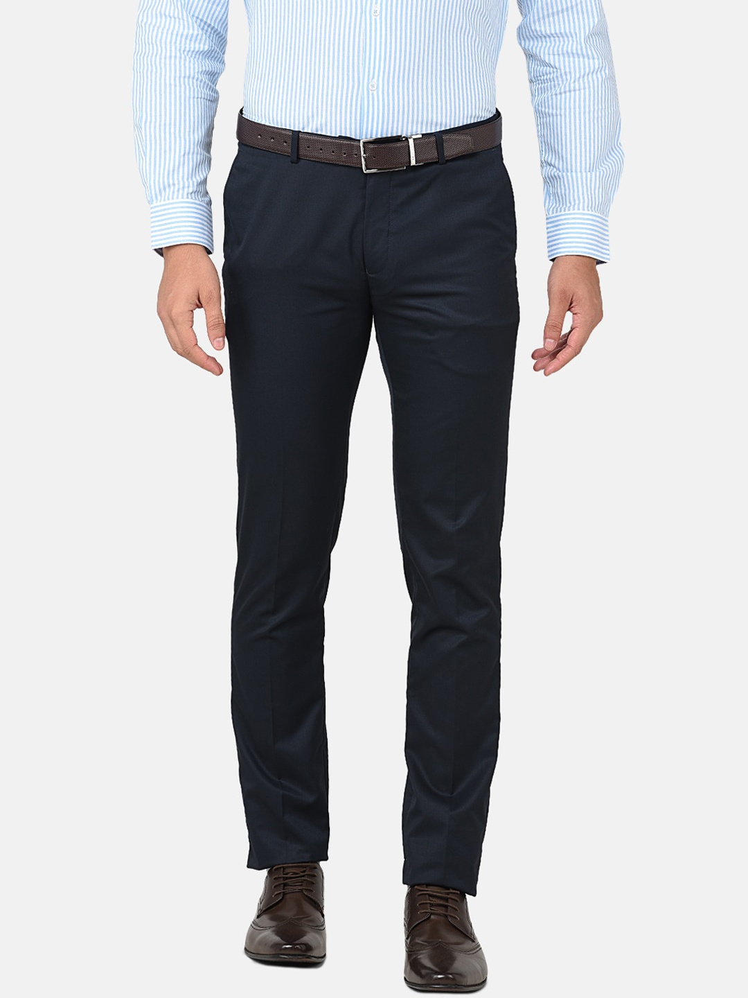 

J Hampstead Men Navy Blue Smart Slim Fit Wrinkle Free Trousers