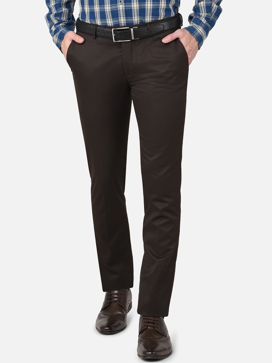 

J Hampstead Men Brown Smart Slim Fit Wrinkle Free Formal Trousers