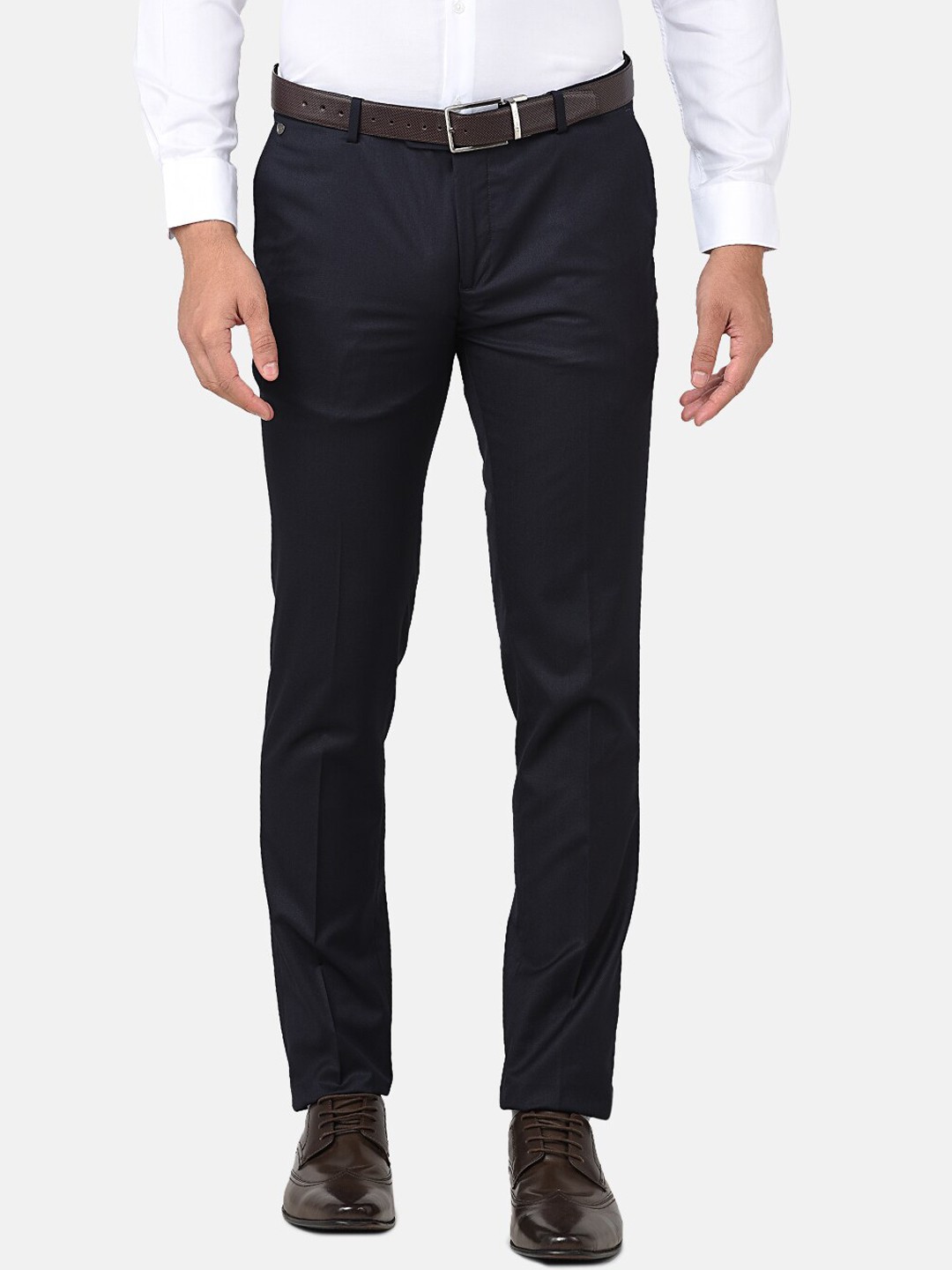 

J Hampstead Men Navy Blue Smart Slim Fit Wrinkle Free Trousers