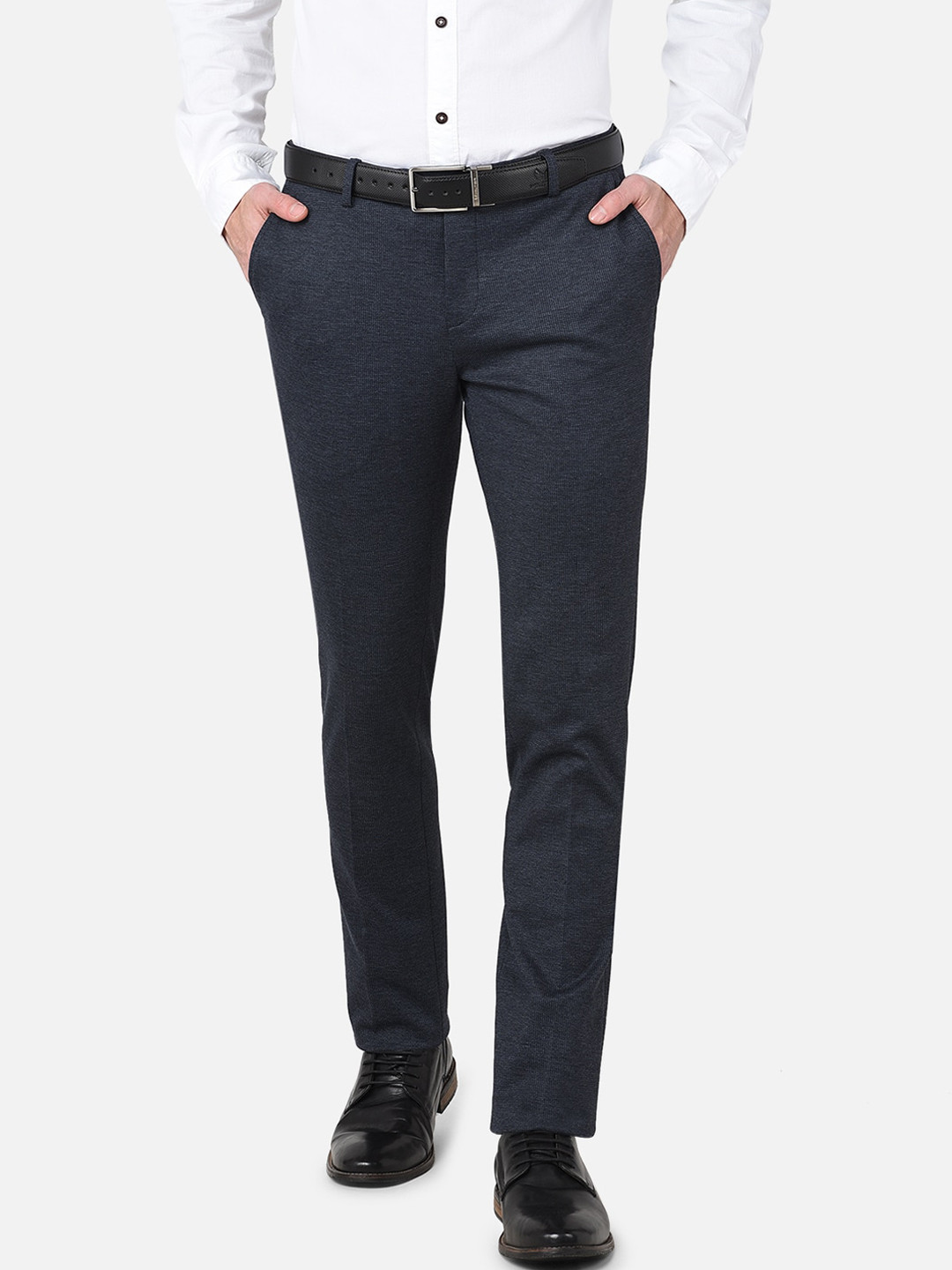 

J Hampstead Men Navy Blue Textured Smart Slim Fit Wrinkle Free Formal Trousers