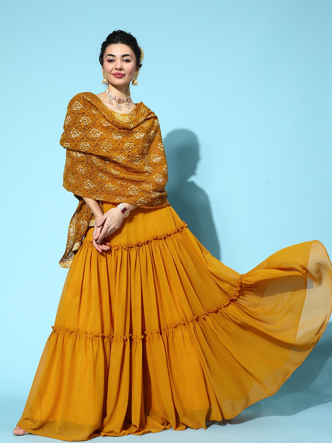 

RedRound Stylish Mustard Embroidered Semi-Stitched Lehenga Choli with Dupatta