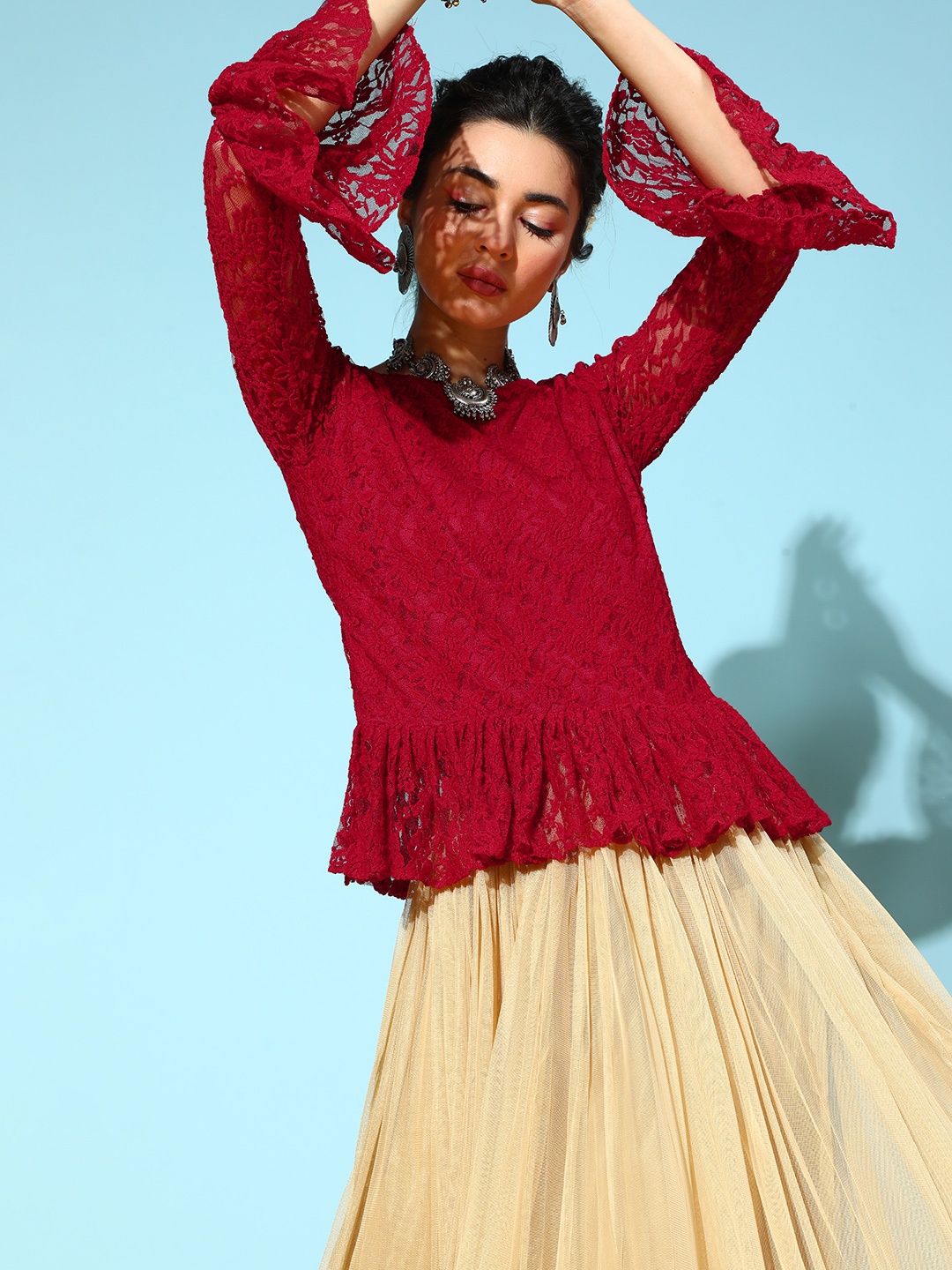 

RedRound Women Gorgeous Red Self-Design I-Spy Lace Top