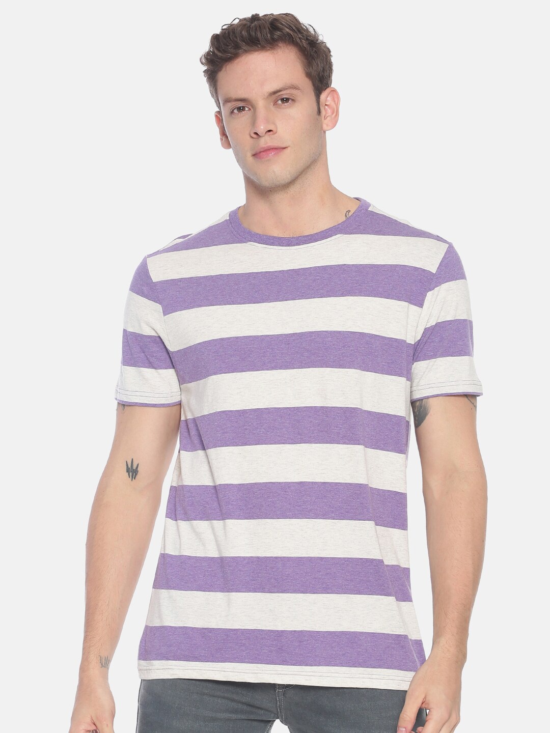 

Steenbok Men Purple Striped Pure Cotton T-shirt
