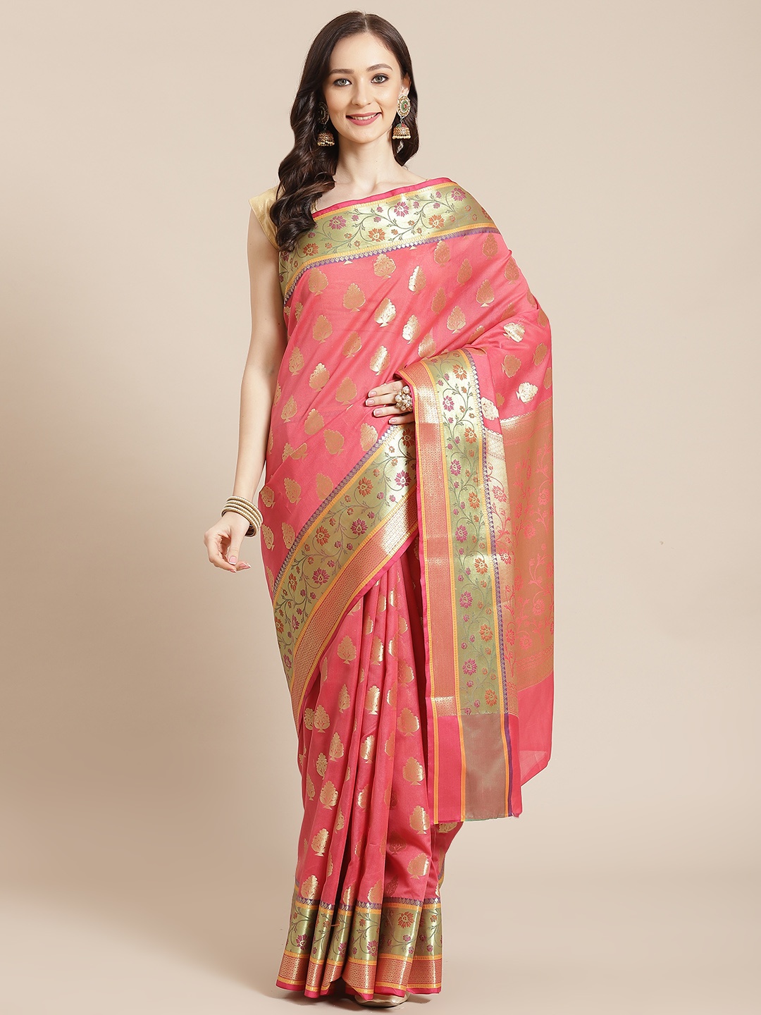 

Banarasi Style Women Pink & Golden Woven Design Banarasi Saree