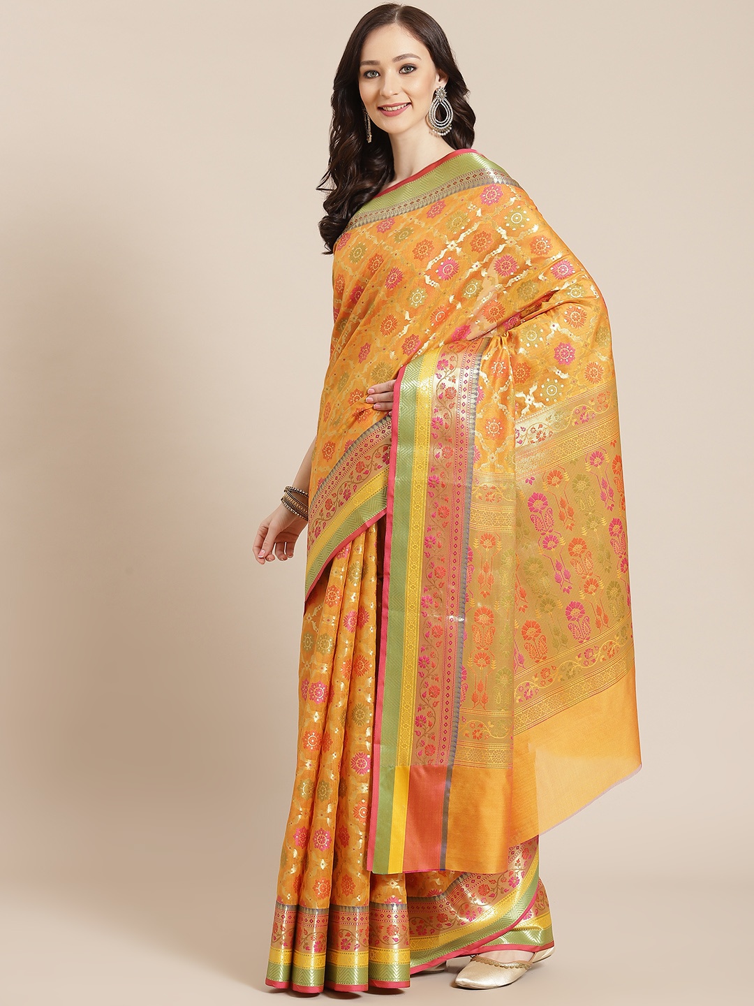 

Banarasi Style Women Mustard Yellow & Pink Woven Design Banarasi Saree