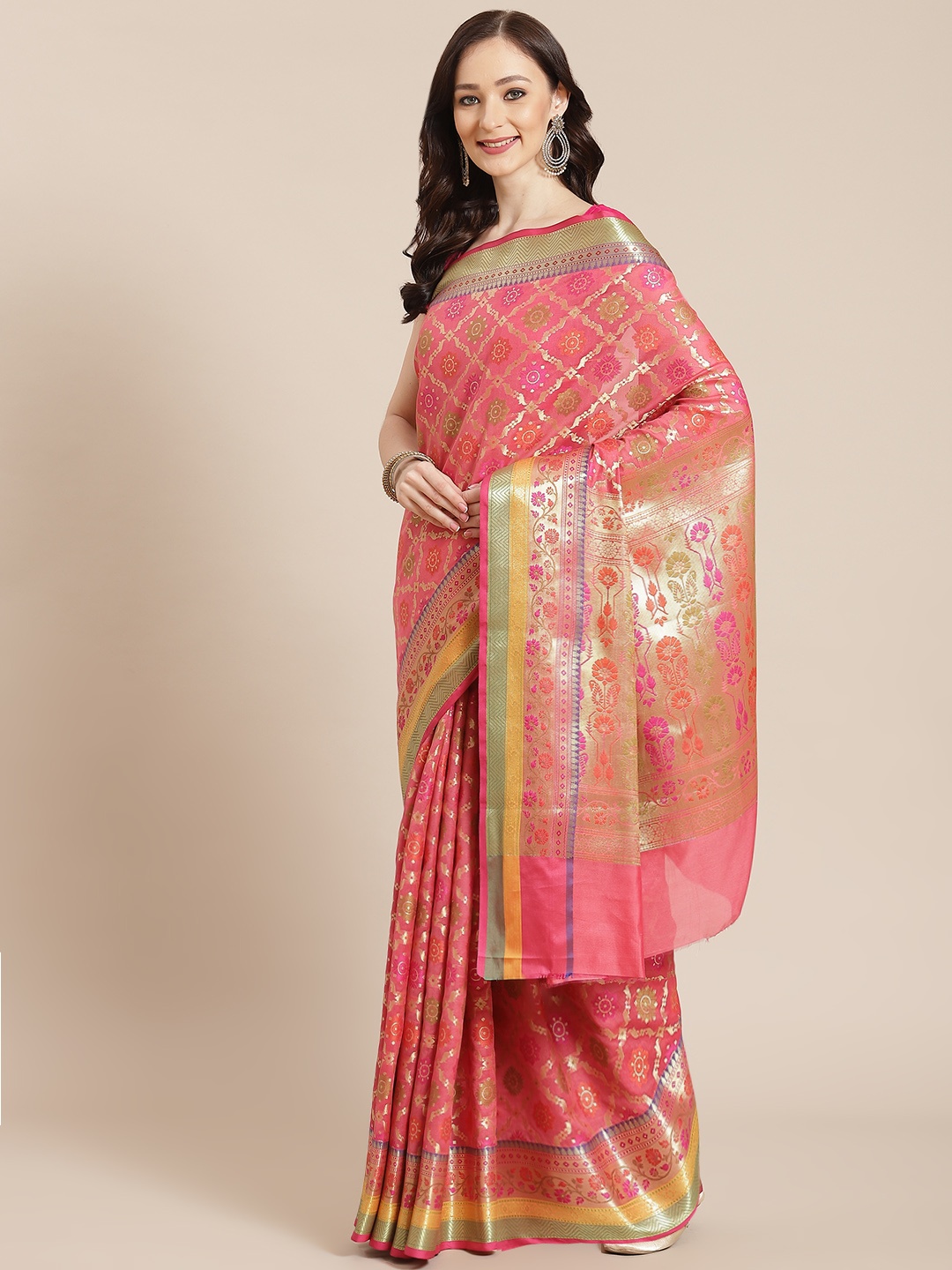 

Banarasi Style Women Pink & Golden Woven Design Banarasi Saree