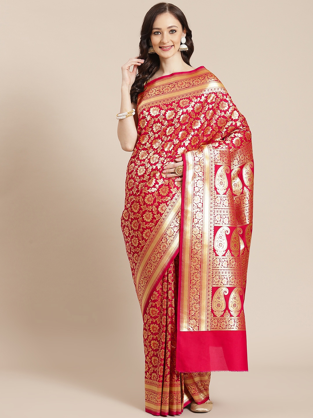 

Banarasi Style Magenta Floral Silk Blend Banarasi Saree