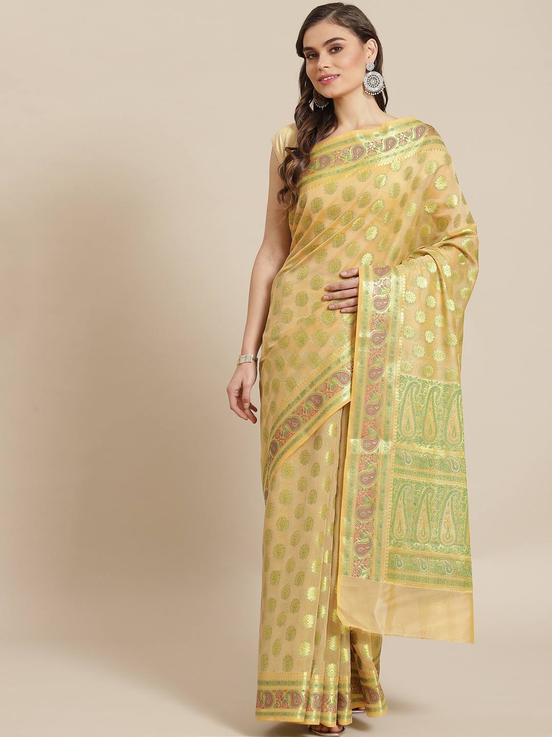 Banarasi Style Women Beige & Golden Silk Blend Woven Design Zari Banarasi Saree