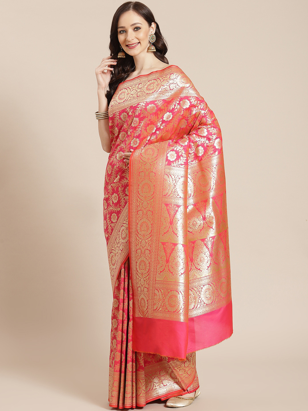 

Banarasi Style Magenta Floral Silk Blend Banarasi Saree