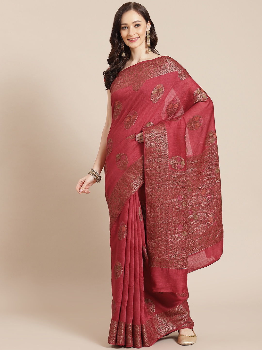 

Banarasi Style Women Red & Golden Woven Design Pure Silk Saree