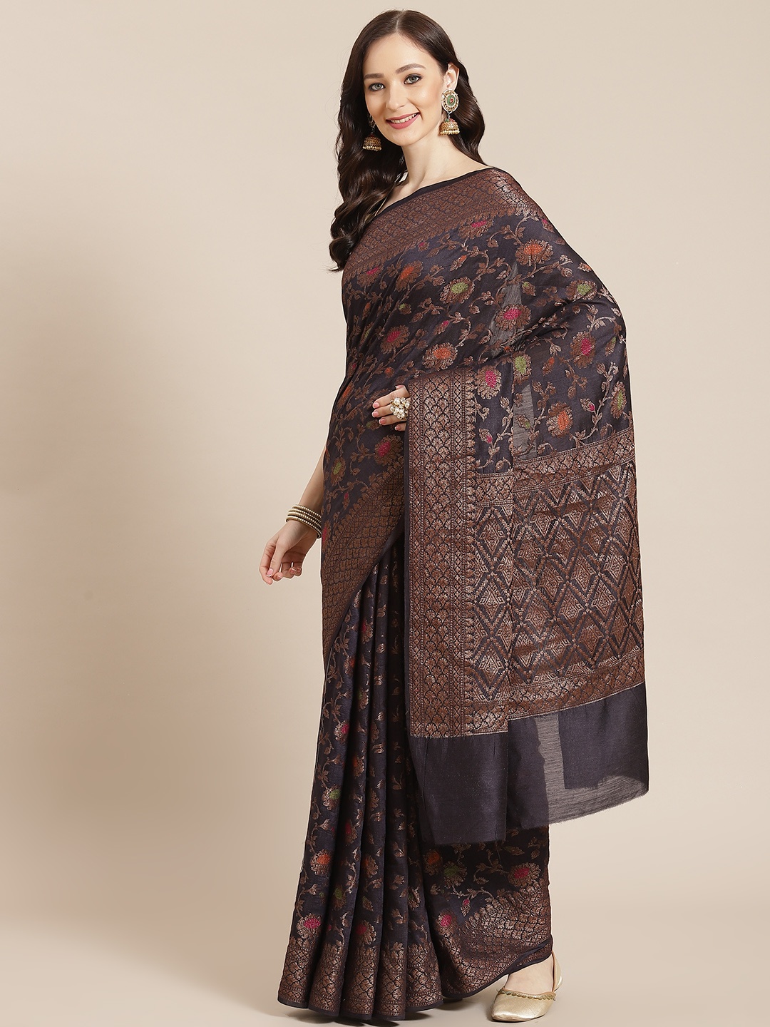 

Banarasi Style Charcoal Black Floral Pure Silk Muga Saree
