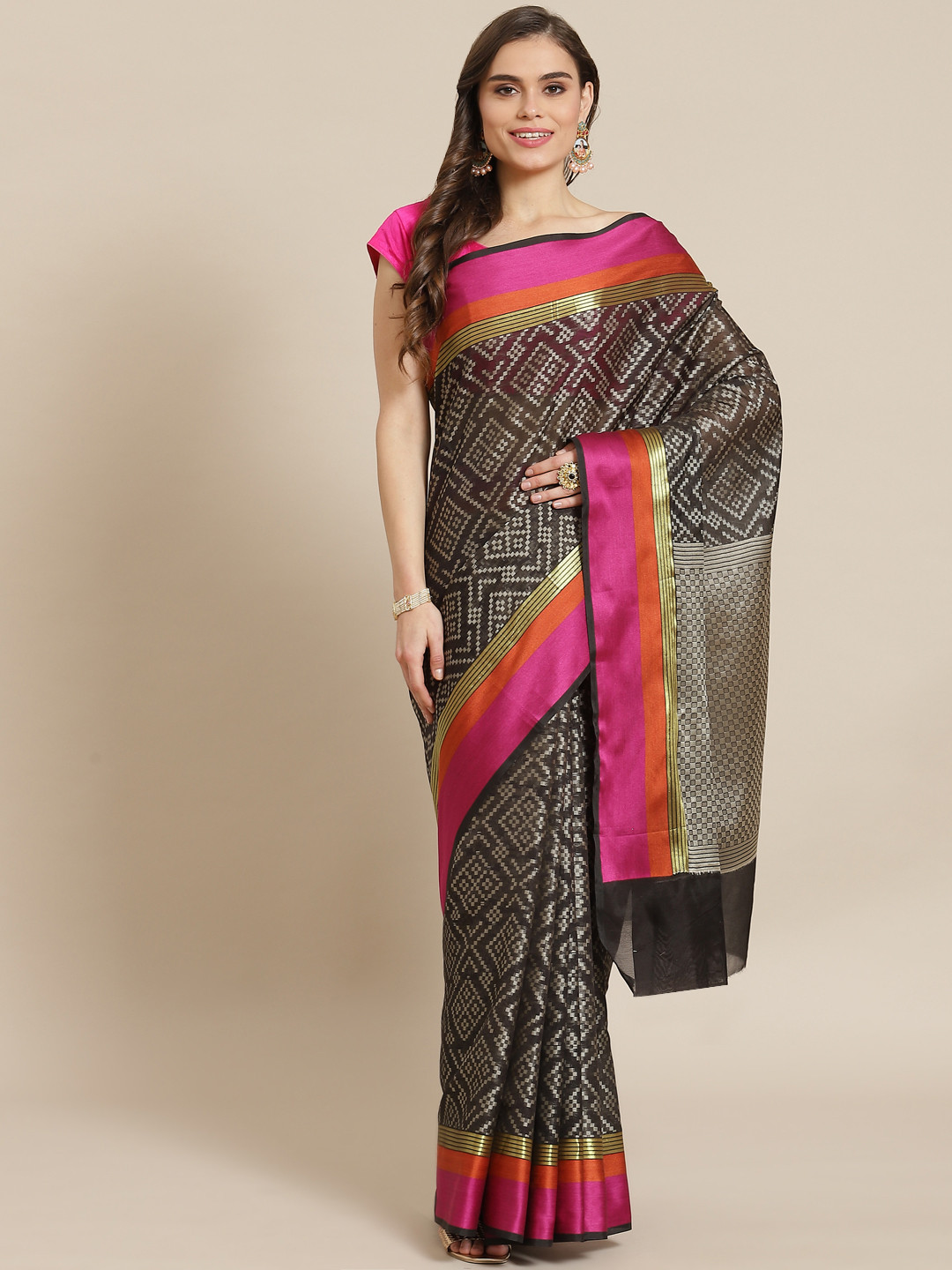 

Banarasi Style Women Black & Pink Silk Blend Zari Woven Design Banarasi Saree