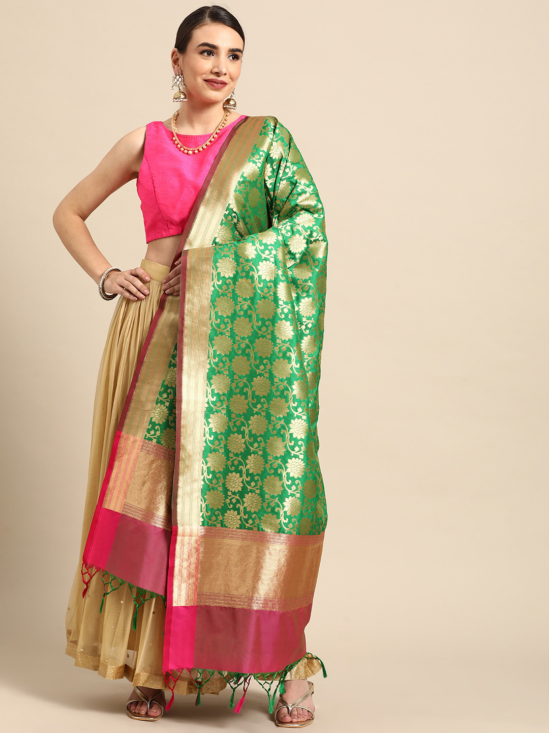 

Banarasi Style Green Woven Design Dupatta with Zari