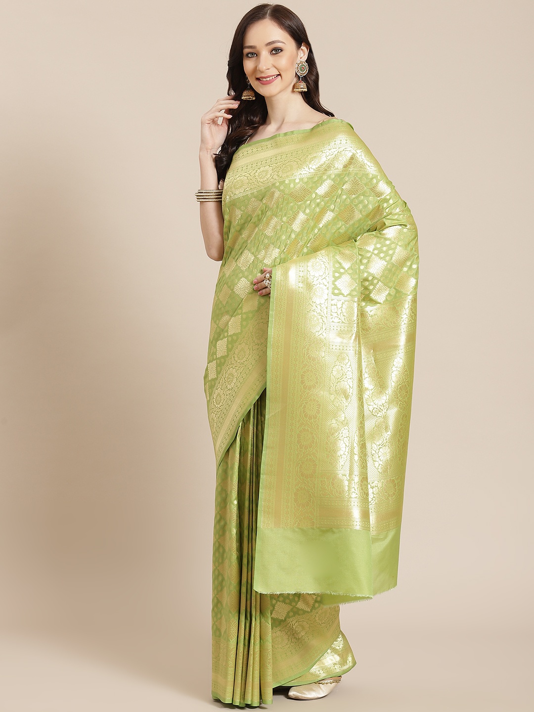 

Banarasi Style Lime Green Ethnic Motifs Silk Blend Banarasi Saree