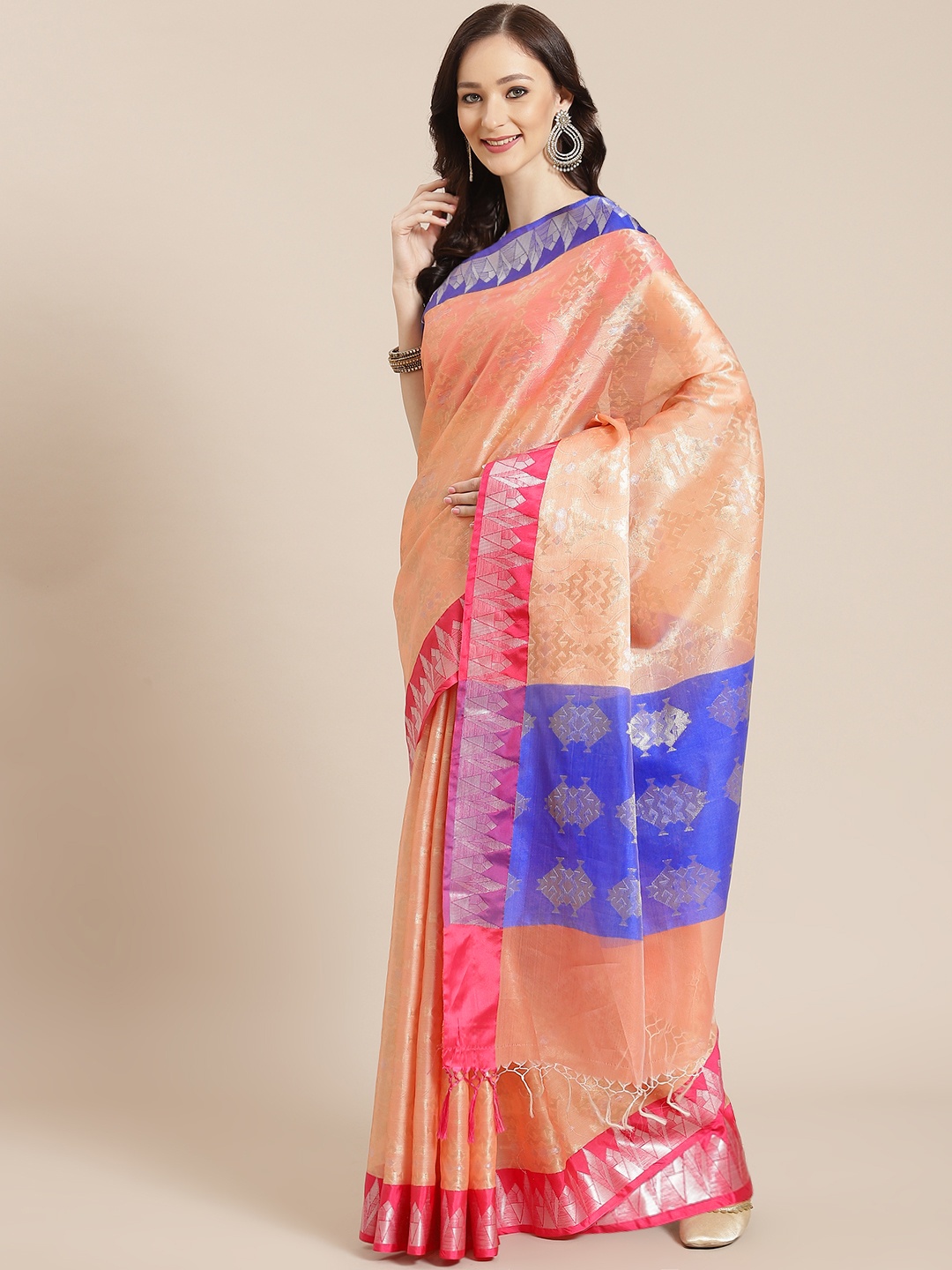 

Banarasi Style Women Pink & Blue Ethnic Motifs Banarasi Saree