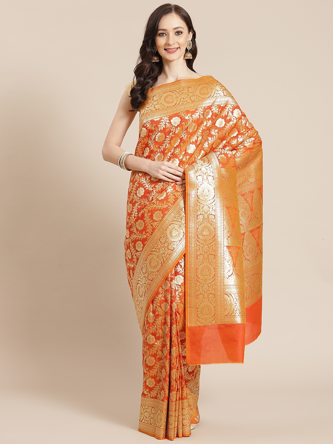 

Banarasi Style Women Mustard Yellow & Red Ethnic Motifs Banarasi Saree