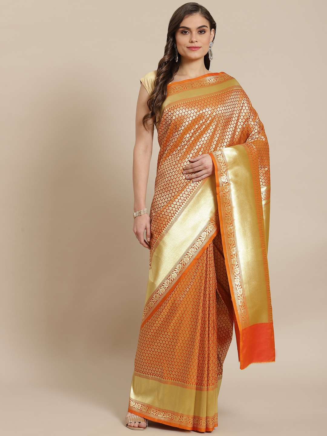 

Banarasi Style Women Mustard & Golden Silk Blend Woven Design Zari Banarasi Saree
